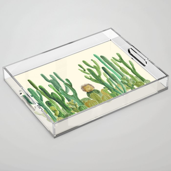 In my happy place - hedgehog meditating in cactus jungle Acrylic Tray Gallery Image 1