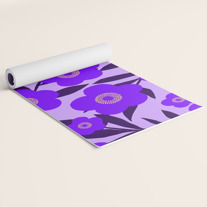  Purple Retro Flowers and Dark Blue Leaves on Light Lilac Pink Background #decor #society6 #buyart Yoga Mat Gallery Image 2