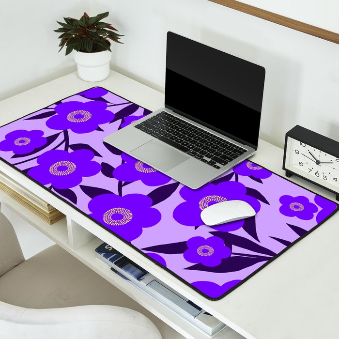 Purple Retro Flowers and Dark Blue Leaves on Light Lilac Pink Background #decor #society6 #buyart Desk Mat Gallery Image 2