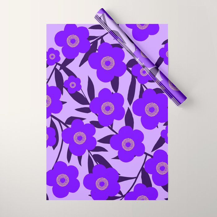  Purple Retro Flowers and Dark Blue Leaves on Light Lilac Pink Background #decor #society6 #buyart Wrapping Paper Gallery Image 1