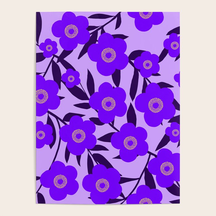  Purple Retro Flowers and Dark Blue Leaves on Light Lilac Pink Background #decor #society6 #buyart Poster Gallery Image 1