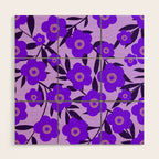  Purple Retro Flowers and Dark Blue Leaves on Light Lilac Pink Background #decor #society6 #buyart Wood Wall Art Gallery Image 1