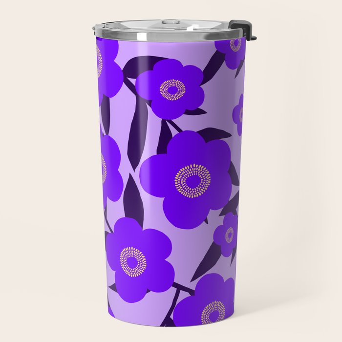  Purple Retro Flowers and Dark Blue Leaves on Light Lilac Pink Background #decor #society6 #buyart Travel Mug Gallery Image 2