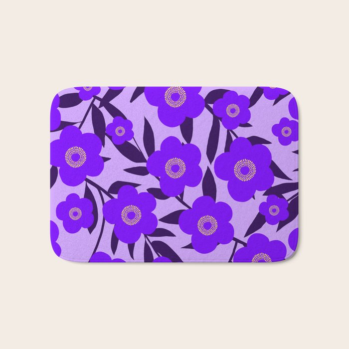  Purple Retro Flowers and Dark Blue Leaves on Light Lilac Pink Background #decor #society6 #buyart Bath Mat Gallery Image 1