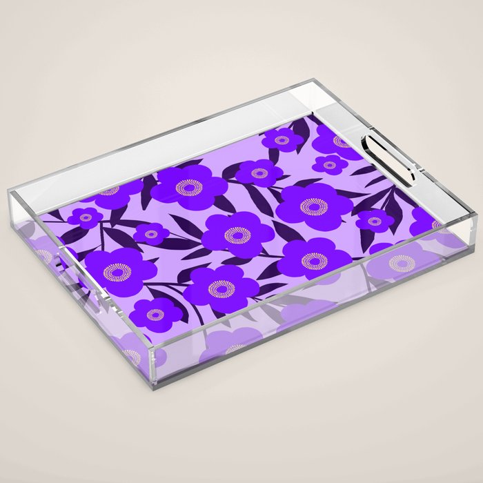  Purple Retro Flowers and Dark Blue Leaves on Light Lilac Pink Background #decor #society6 #buyart Acrylic Tray Gallery Image 1