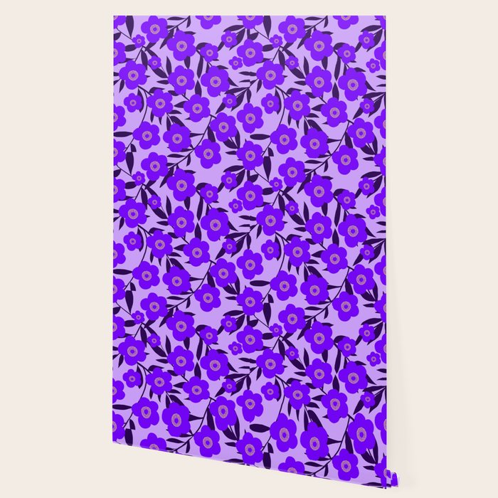  Purple Retro Flowers and Dark Blue Leaves on Light Lilac Pink Background #decor #society6 #buyart Wallpaper Gallery Image 2