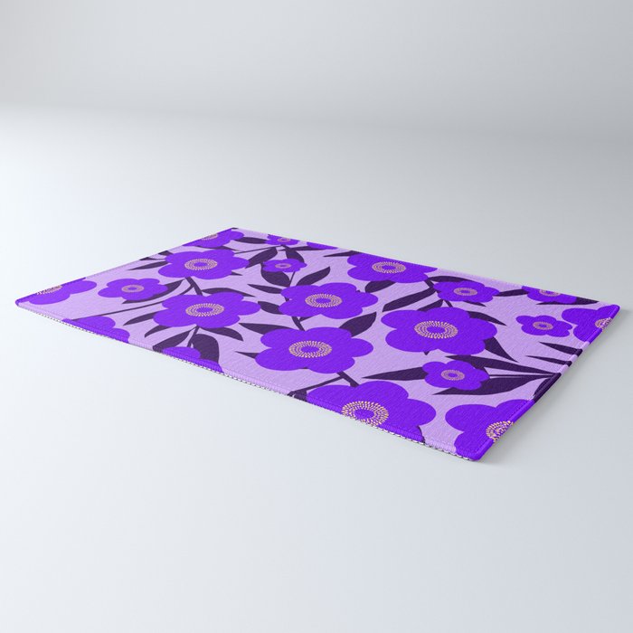  Purple Retro Flowers and Dark Blue Leaves on Light Lilac Pink Background #decor #society6 #buyart Rug Gallery Image 3