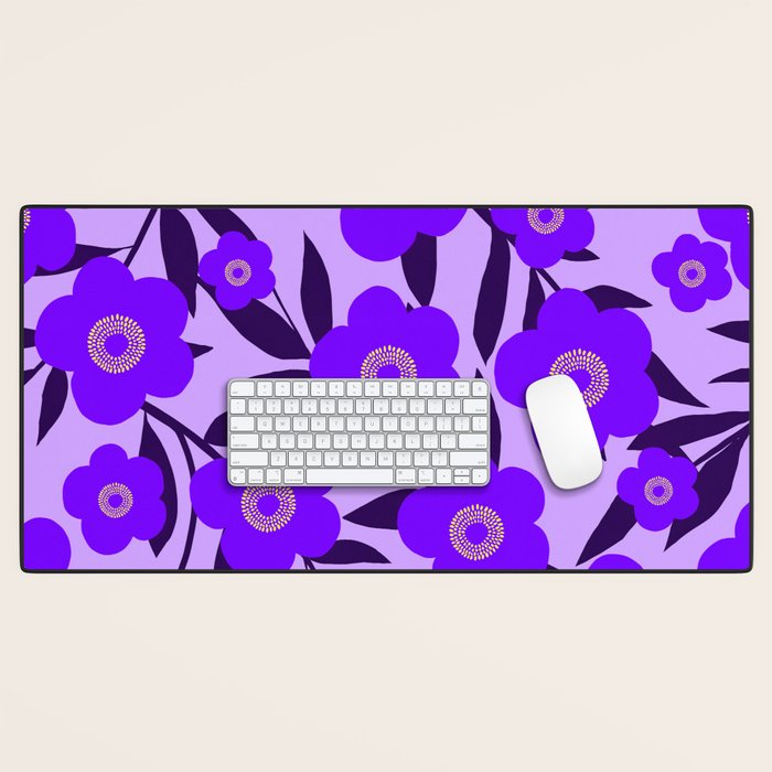  Purple Retro Flowers and Dark Blue Leaves on Light Lilac Pink Background #decor #society6 #buyart Desk Mat Gallery Image 1