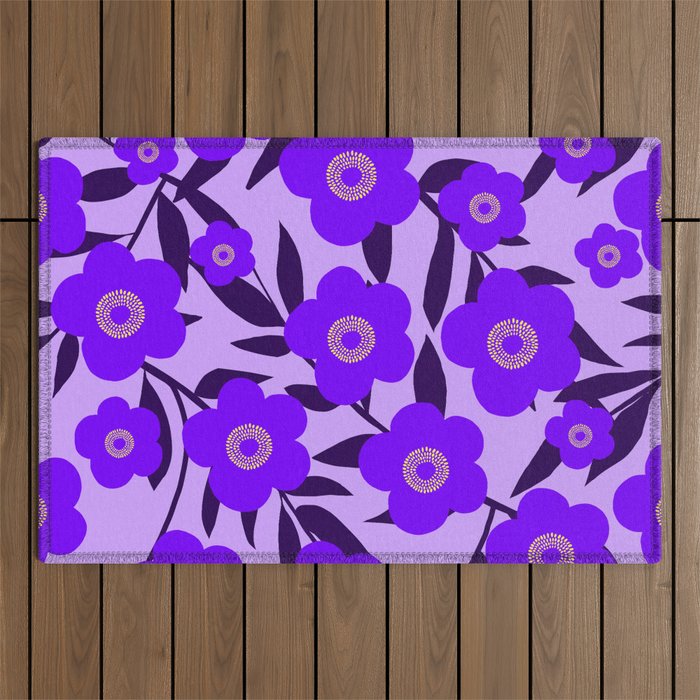  Purple Retro Flowers and Dark Blue Leaves on Light Lilac Pink Background #decor #society6 #buyart Outdoor Rug Gallery Image 1