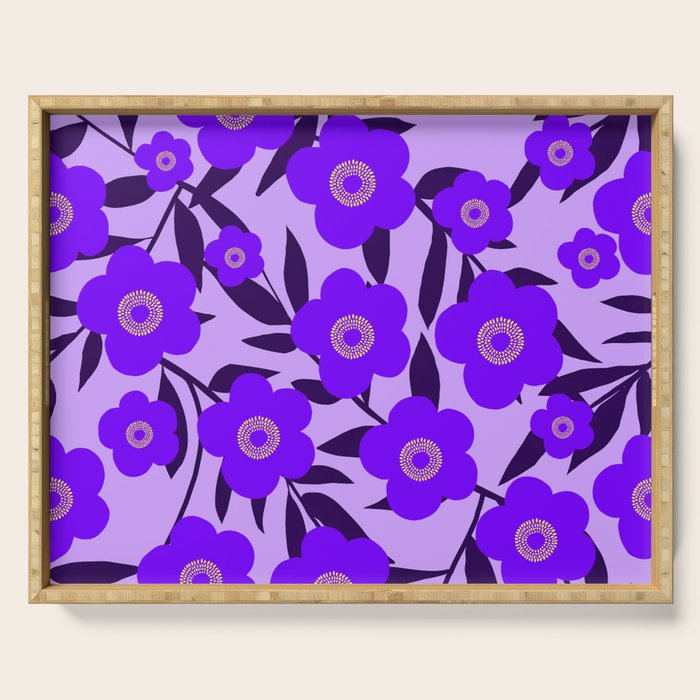  Purple Retro Flowers and Dark Blue Leaves on Light Lilac Pink Background #decor #society6 #buyart Serving Tray Gallery Image 1
