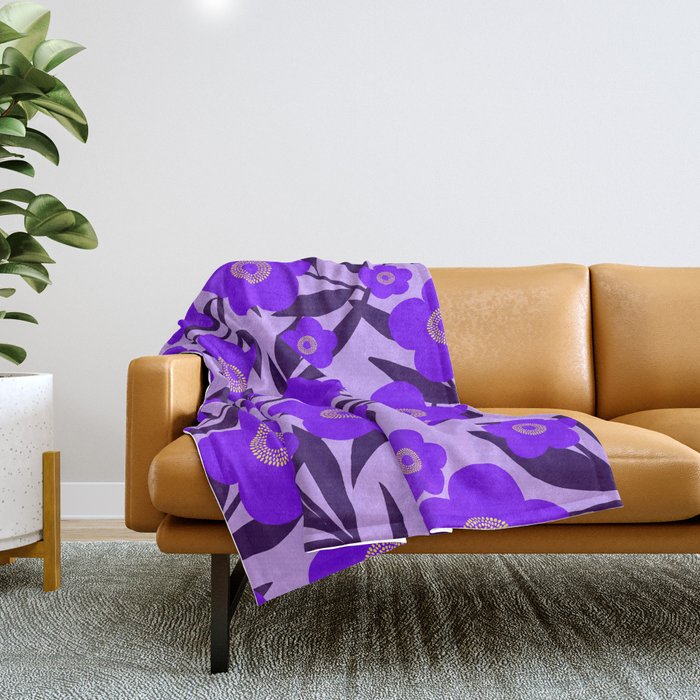  Purple Retro Flowers and Dark Blue Leaves on Light Lilac Pink Background #decor #society6 #buyart Throw Blanket Gallery Image 1