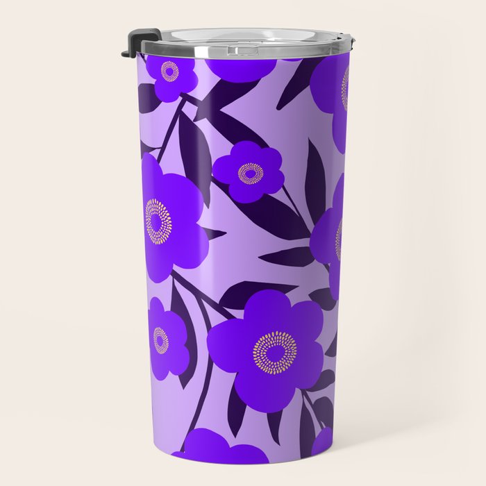  Purple Retro Flowers and Dark Blue Leaves on Light Lilac Pink Background #decor #society6 #buyart Travel Mug Gallery Image 3