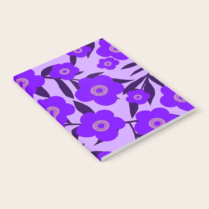 Purple Retro Flowers and Dark Blue Leaves on Light Lilac Pink Background #decor #society6 #buyart Notebook