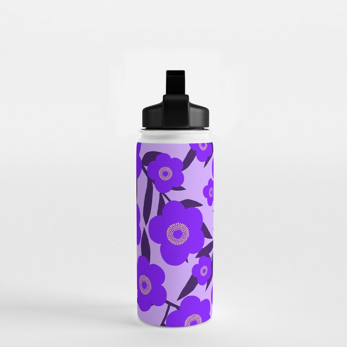  Purple Retro Flowers and Dark Blue Leaves on Light Lilac Pink Background #decor #society6 #buyart Water Bottle Gallery Image 2
