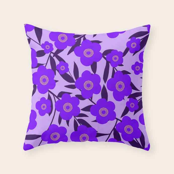  Purple Retro Flowers and Dark Blue Leaves on Light Lilac Pink Background #decor #society6 #buyart Throw Pillow Gallery Image 6