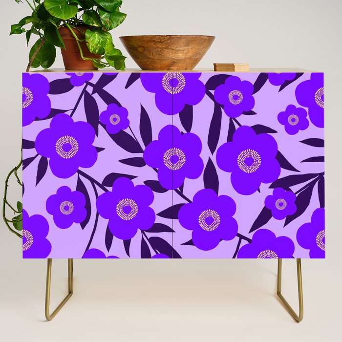  Purple Retro Flowers and Dark Blue Leaves on Light Lilac Pink Background #decor #society6 #buyart Credenza Gallery Image 1
