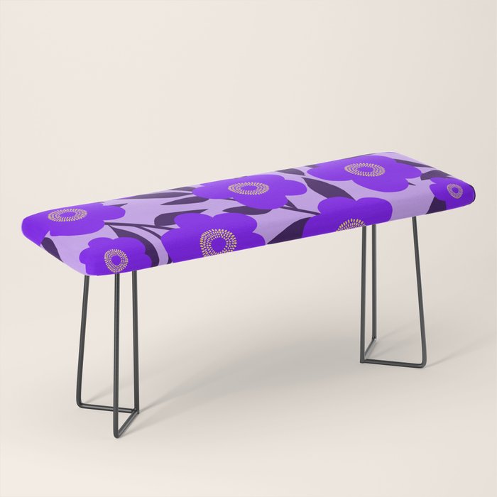  Purple Retro Flowers and Dark Blue Leaves on Light Lilac Pink Background #decor #society6 #buyart Bench Gallery Image 1