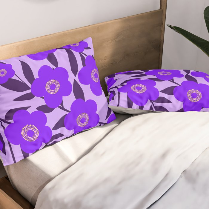  Purple Retro Flowers and Dark Blue Leaves on Light Lilac Pink Background #decor #society6 #buyart Pillow Sham Gallery Image 2
