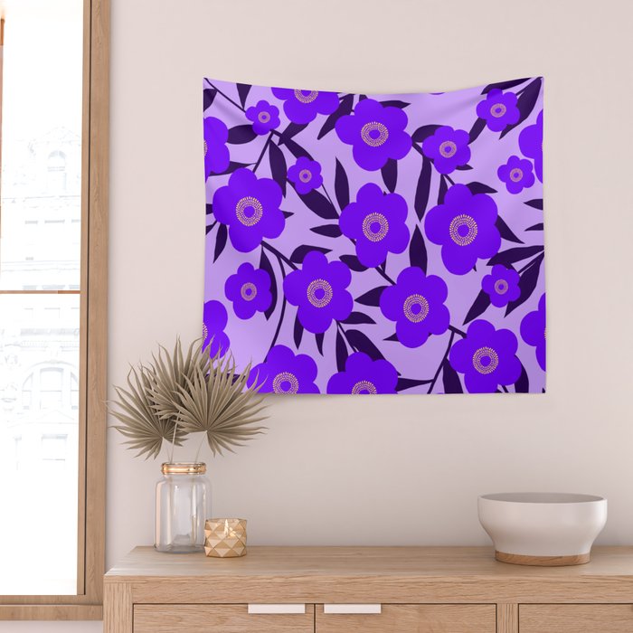  Purple Retro Flowers and Dark Blue Leaves on Light Lilac Pink Background #decor #society6 #buyart Wall Tapestry Gallery Image 2