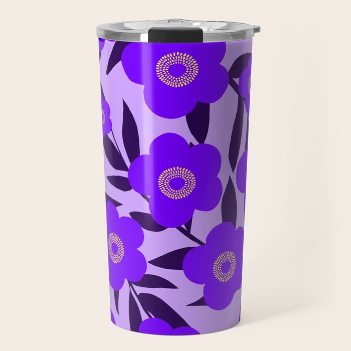  Purple Retro Flowers and Dark Blue Leaves on Light Lilac Pink Background #decor #society6 #buyart Travel Mug Gallery Image 1