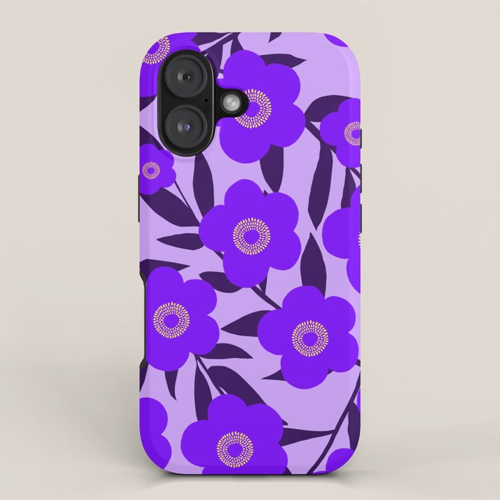  Purple Retro Flowers and Dark Blue Leaves on Light Lilac Pink Background #decor #society6 #buyart iPhone Case Gallery Image 1