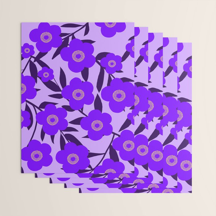  Purple Retro Flowers and Dark Blue Leaves on Light Lilac Pink Background #decor #society6 #buyart Wrapping Paper Gallery Image 3