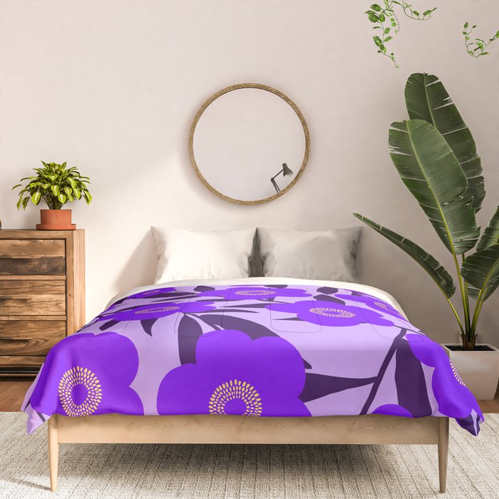  Purple Retro Flowers and Dark Blue Leaves on Light Lilac Pink Background #decor #society6 #buyart Comforter Gallery Image 3