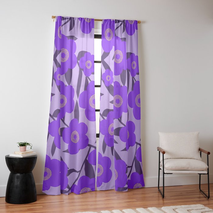  Purple Retro Flowers and Dark Blue Leaves on Light Lilac Pink Background #decor #society6 #buyart Window Curtain Gallery Image 10