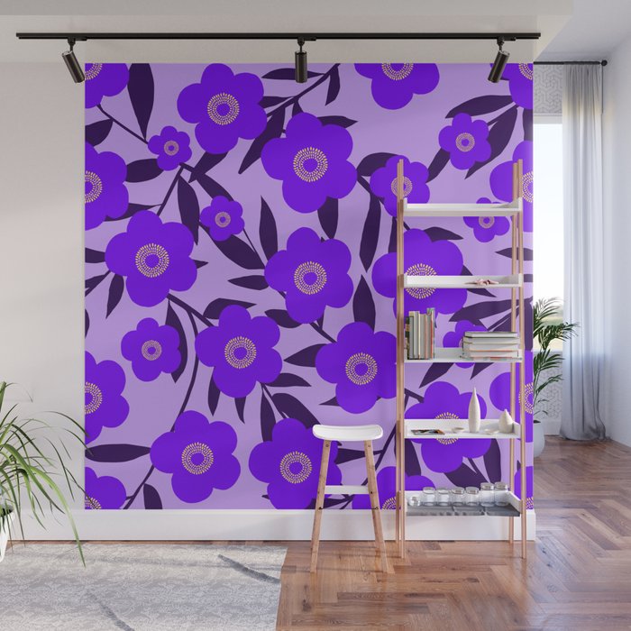  Purple Retro Flowers and Dark Blue Leaves on Light Lilac Pink Background #decor #society6 #buyart Wall Mural Gallery Image 1