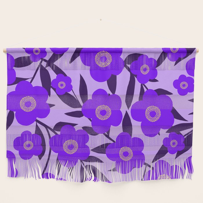  Purple Retro Flowers and Dark Blue Leaves on Light Lilac Pink Background #decor #society6 #buyart Wall Hanging Gallery Image 1