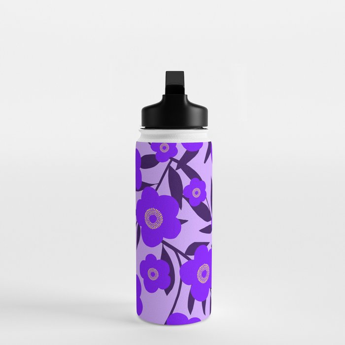  Purple Retro Flowers and Dark Blue Leaves on Light Lilac Pink Background #decor #society6 #buyart Water Bottle Gallery Image 3