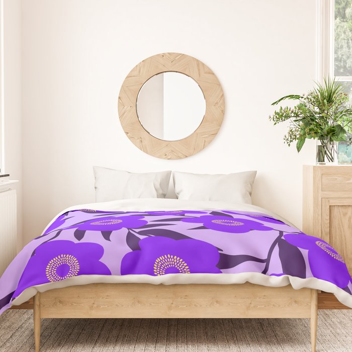  Purple Retro Flowers and Dark Blue Leaves on Light Lilac Pink Background #decor #society6 #buyart Duvet Cover Gallery Image 3