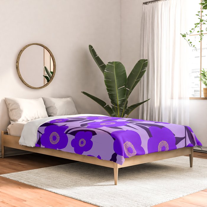  Purple Retro Flowers and Dark Blue Leaves on Light Lilac Pink Background #decor #society6 #buyart Comforter Gallery Image 2