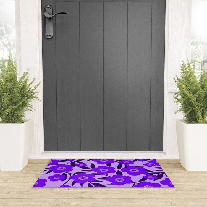  Purple Retro Flowers and Dark Blue Leaves on Light Lilac Pink Background #decor #society6 #buyart Welcome Mat Gallery Image 3