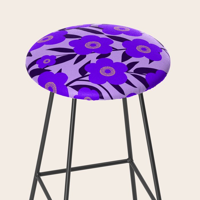  Purple Retro Flowers and Dark Blue Leaves on Light Lilac Pink Background #decor #society6 #buyart Stool Gallery Image 2
