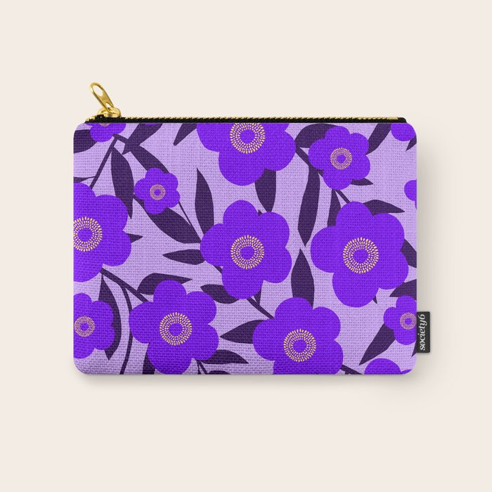  Purple Retro Flowers and Dark Blue Leaves on Light Lilac Pink Background #decor #society6 #buyart Carry All Pouch Gallery Image 1
