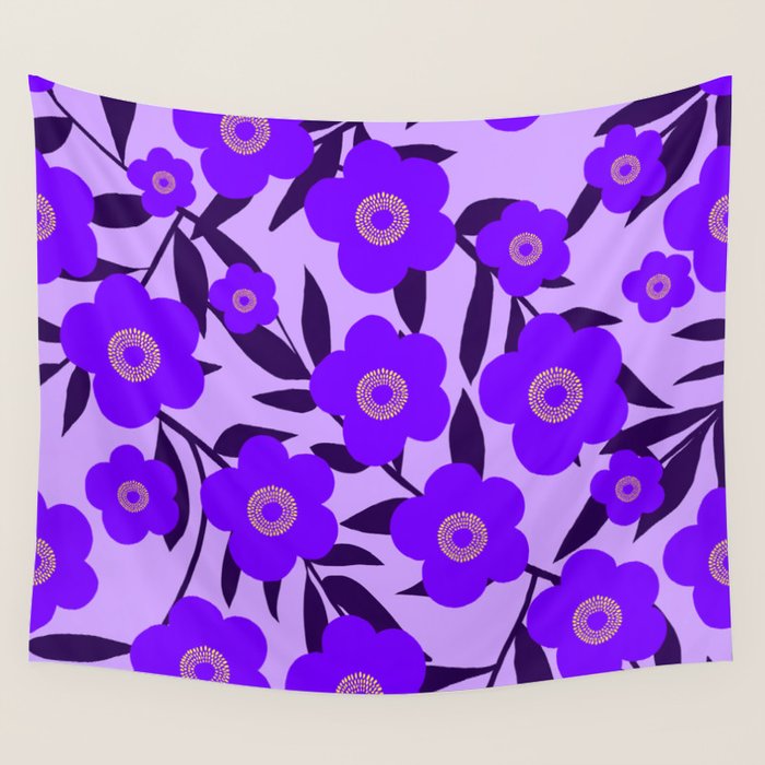  Purple Retro Flowers and Dark Blue Leaves on Light Lilac Pink Background #decor #society6 #buyart Wall Tapestry Gallery Image 1