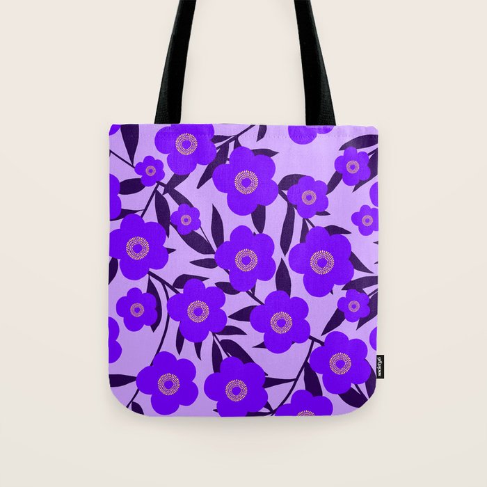  Purple Retro Flowers and Dark Blue Leaves on Light Lilac Pink Background #decor #society6 #buyart Tote Bag Gallery Image 1