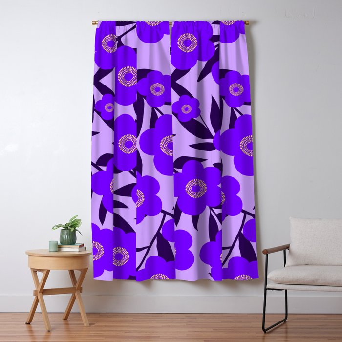  Purple Retro Flowers and Dark Blue Leaves on Light Lilac Pink Background #decor #society6 #buyart Window Curtain Gallery Image 5