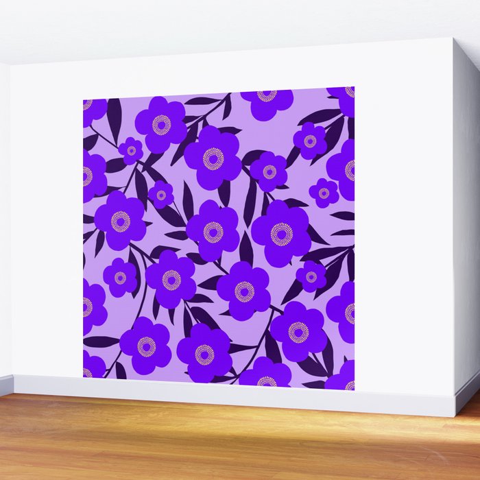  Purple Retro Flowers and Dark Blue Leaves on Light Lilac Pink Background #decor #society6 #buyart Wall Mural Gallery Image 2