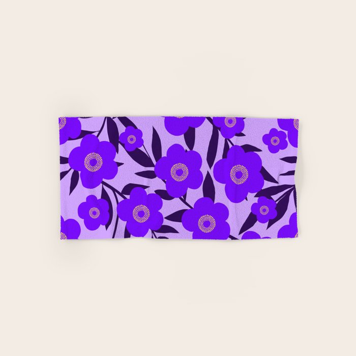 Purple Retro Flowers and Dark Blue Leaves on Light Lilac Pink Background #decor #society6 #buyart Bath Towel Gallery Image 1