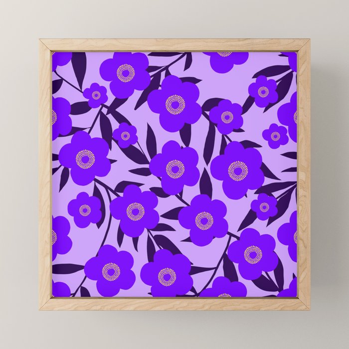  Purple Retro Flowers and Dark Blue Leaves on Light Lilac Pink Background #decor #society6 #buyart Mini Art Print Gallery Image 1