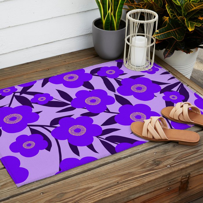  Purple Retro Flowers and Dark Blue Leaves on Light Lilac Pink Background #decor #society6 #buyart Outdoor Rug Gallery Image 2