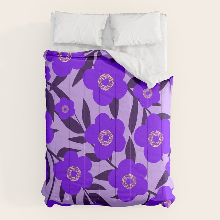  Purple Retro Flowers and Dark Blue Leaves on Light Lilac Pink Background #decor #society6 #buyart Comforter Gallery Image 6