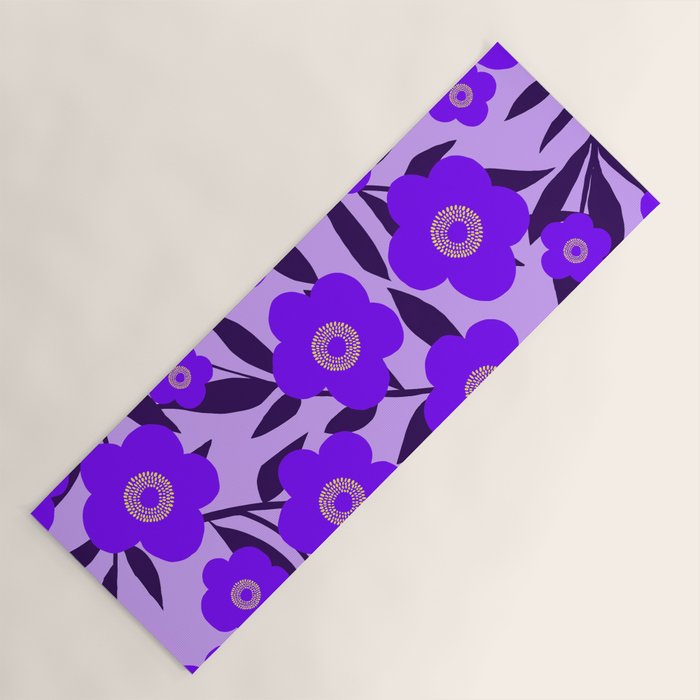  Purple Retro Flowers and Dark Blue Leaves on Light Lilac Pink Background #decor #society6 #buyart Yoga Mat Gallery Image 1