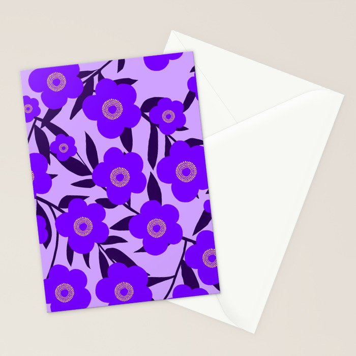  Purple Retro Flowers and Dark Blue Leaves on Light Lilac Pink Background #decor #society6 #buyart Stationery Card Gallery Image 2