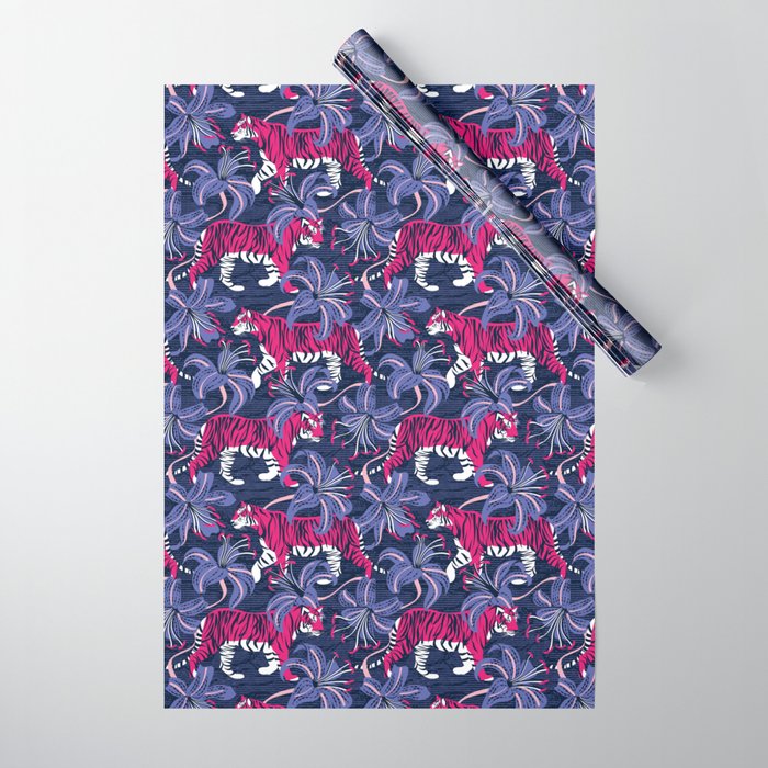 Tigers in a tiger lily garden // textured navy blue background fuchsia pink wild animals very peri flowers Wrapping Paper Gallery Image 1