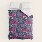 Tigers in a tiger lily garden // textured navy blue background fuchsia pink wild animals very peri flowers Comforter Gallery Image 6