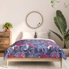 Tigers in a tiger lily garden // textured navy blue background fuchsia pink wild animals very peri flowers Comforter Gallery Image 3