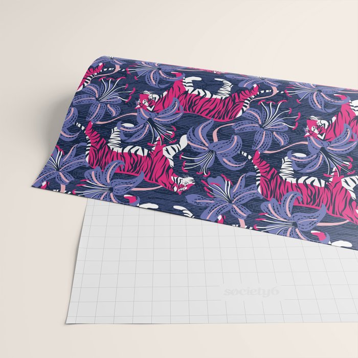 Tigers in a tiger lily garden // textured navy blue background fuchsia pink wild animals very peri flowers Wrapping Paper Gallery Image 2